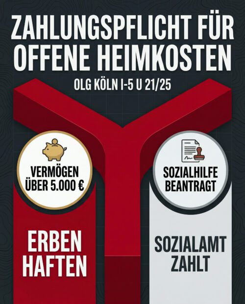 Infografik zum Urteil des OLG Köln: Darstellung der Zahlungspflicht für Heimkosten. Die Grafik zeigt eine klare Entscheidungsgabelung: Bei Erblasser-Vermögen über 5.000 Euro haften die Erben; wurde Sozialhilfe rechtzeitig beantragt und ist kein Vermögen vorhanden, zahlt das Sozialamt.