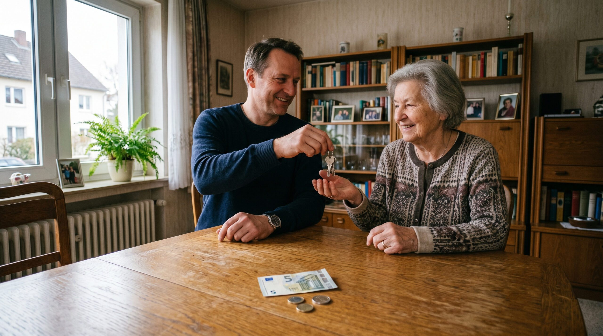 Mann übergibt Seniorin Wohnungsschlüssel; im Vordergrund liegen ein kleiner Geldschein und Münzen auf einem Tisch.