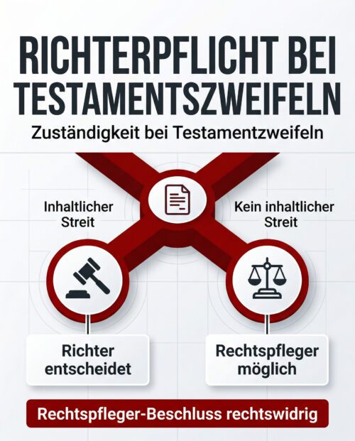 Infografik: Richterpflicht bei Testamentszweifeln. Darstellung der zwingenden Richterzuständigkeit gegenüber dem Rechtspfleger bei inhaltlichem Streit über die Gültigkeit eines Testaments.