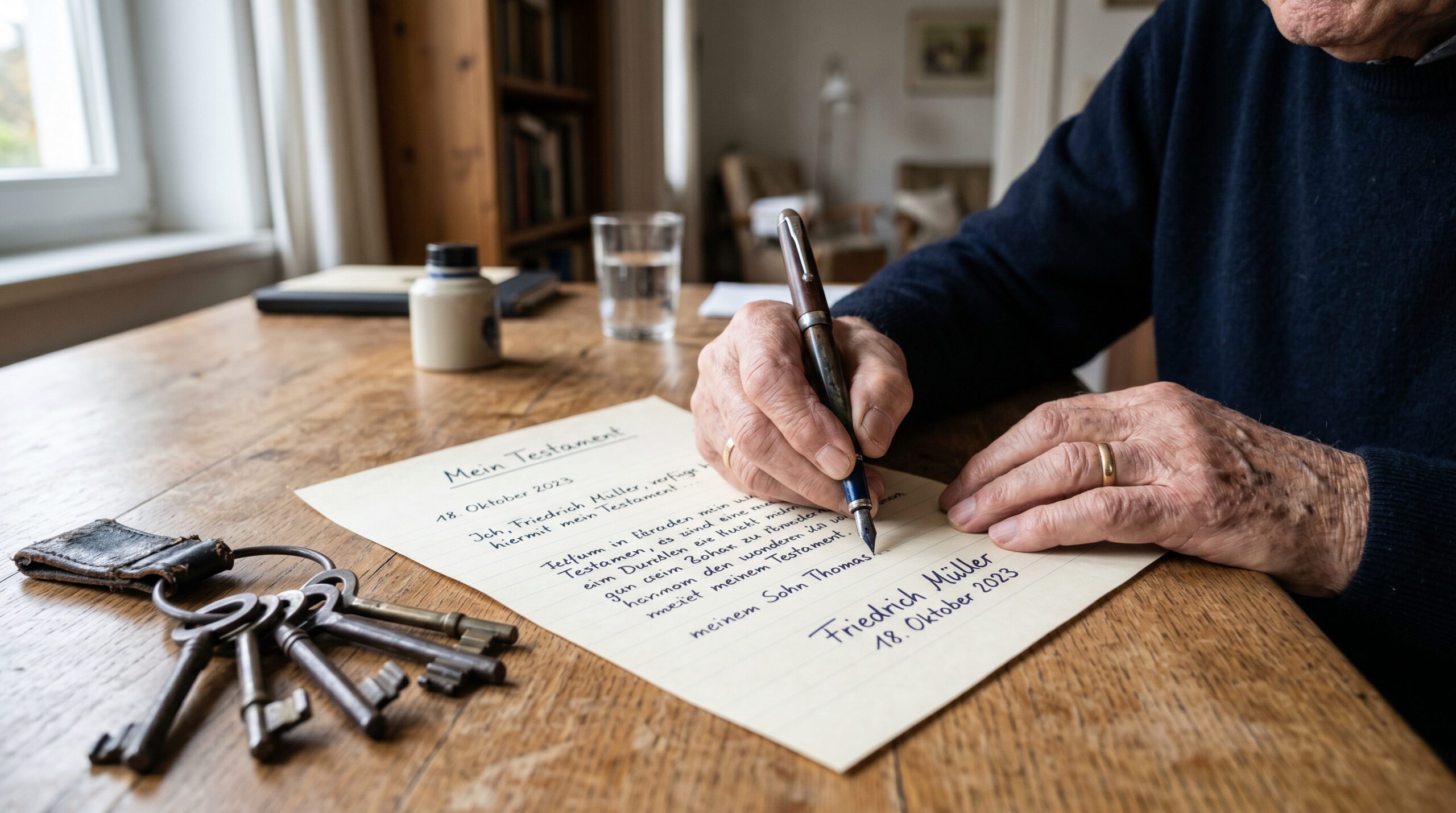 Ältere Hand schreibt mit Füllfederhalter ein Testament auf Papier, daneben liegt ein alter Schlüsselbund auf Holztisch.
