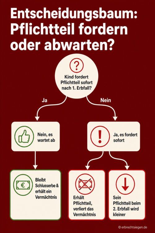 Infografik: Entscheidungsbaum zu den Konsequenzen einer sofortigen Pflichtteilsforderung gegenüber einem Warteszenario.