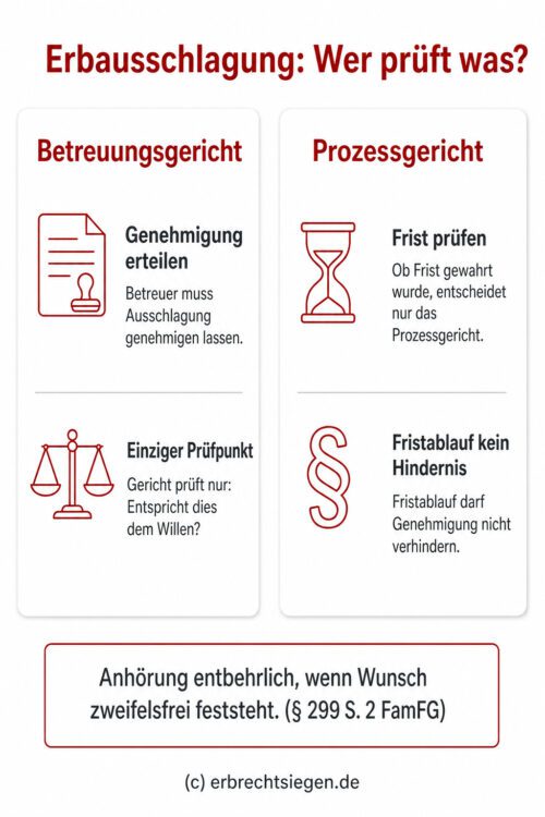 Infografik: Das Betreuungsgericht prüft bei der Genehmigung der Erbausschlagung ausschließlich den Willen der betreuten Person, während die Einhaltung der Ausschlagungsfrist allein vom Prozessgericht geprüft wird.
