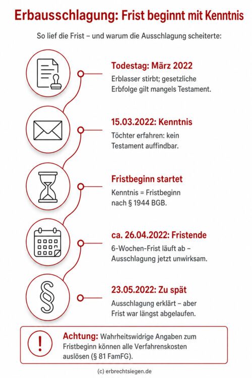 Infografik: Die Sechswochenfrist zur Erbausschlagung beginnt bereits mit der positiven Kenntnis vom Fehlen eines Testaments und nicht erst durch die formelle Mitteilung des Nachlassgerichts.