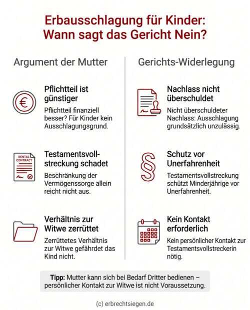 Infografik: Gegenüberstellung der Argumente bei einer Erbausschlagung für Minderjährige. Das Gericht versagt die Genehmigung bei einem nicht überschuldeten Nachlass, auch wenn der Pflichtteil finanziell vorteilhafter wäre oder eine Testamentsvollstreckung angeordnet wurde.