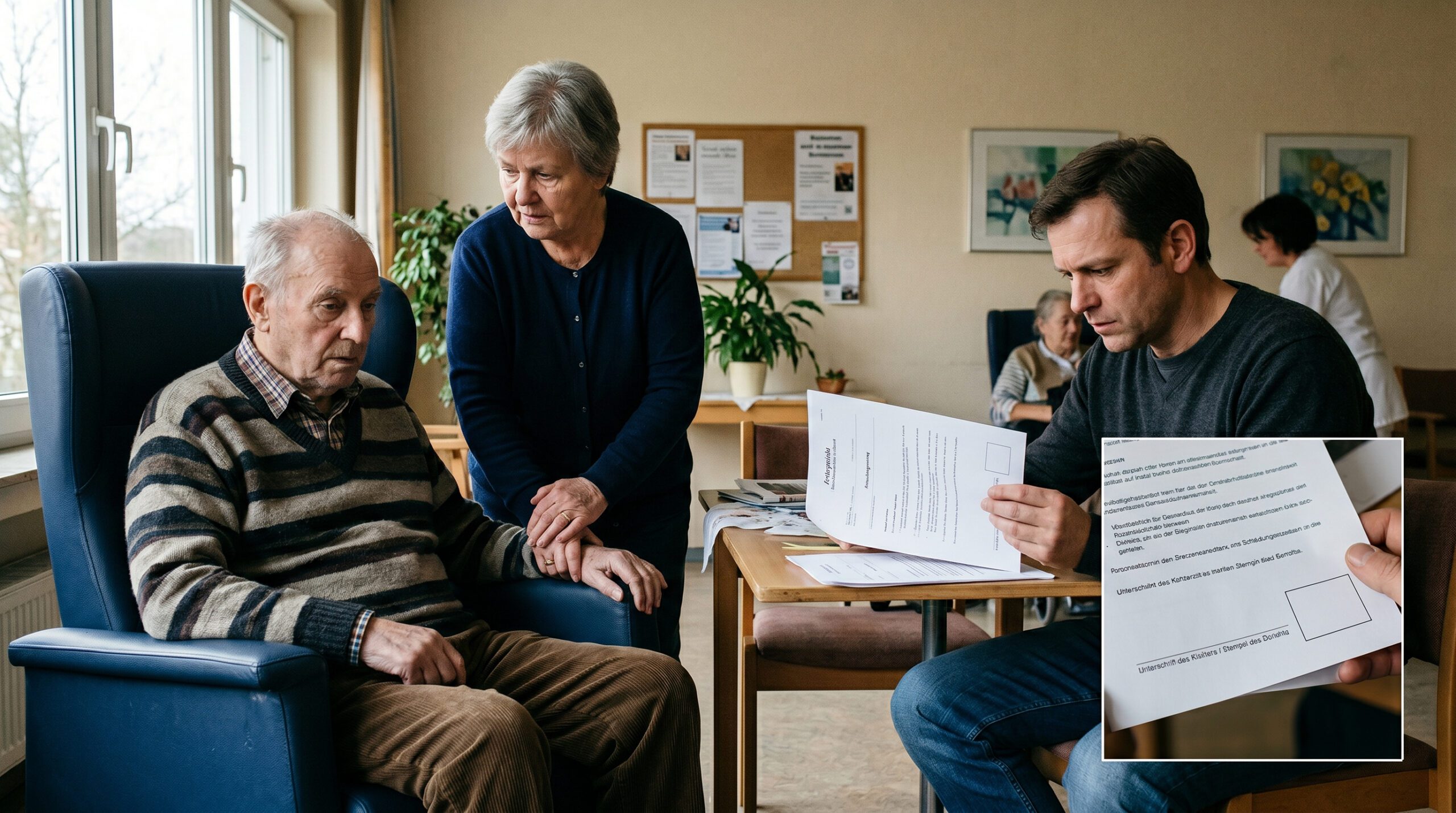 Sohn zeigt Scheidungsantrag ohne Stempel neben dementem Vater im Sessel und Ehefrau mit Ehering in einem Zimmer.