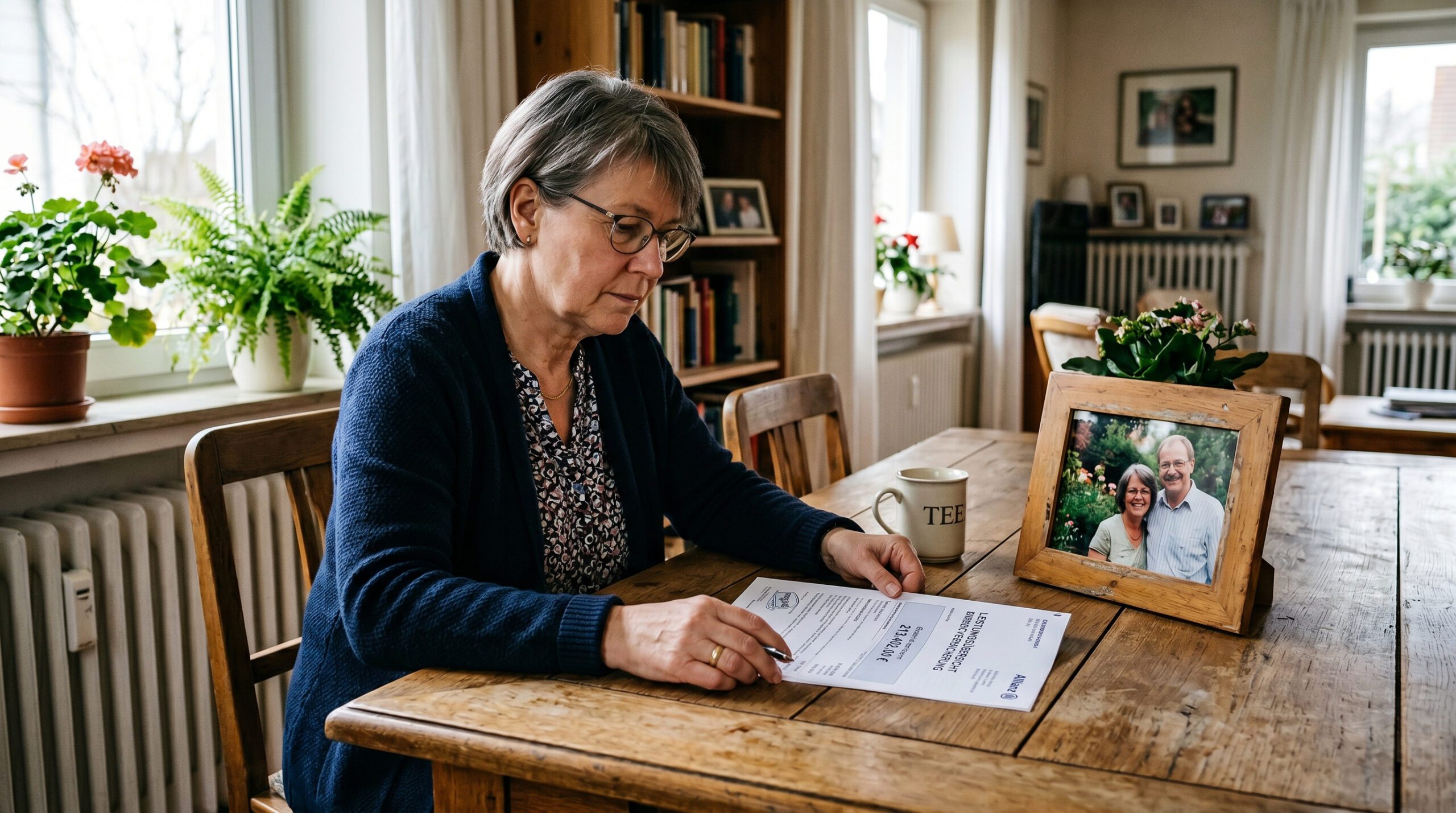 Frau am Tisch betrachtet Versicherungsschreiben über 213.402 Euro neben einem gerahmten Foto ihres verstorbenen Partners.