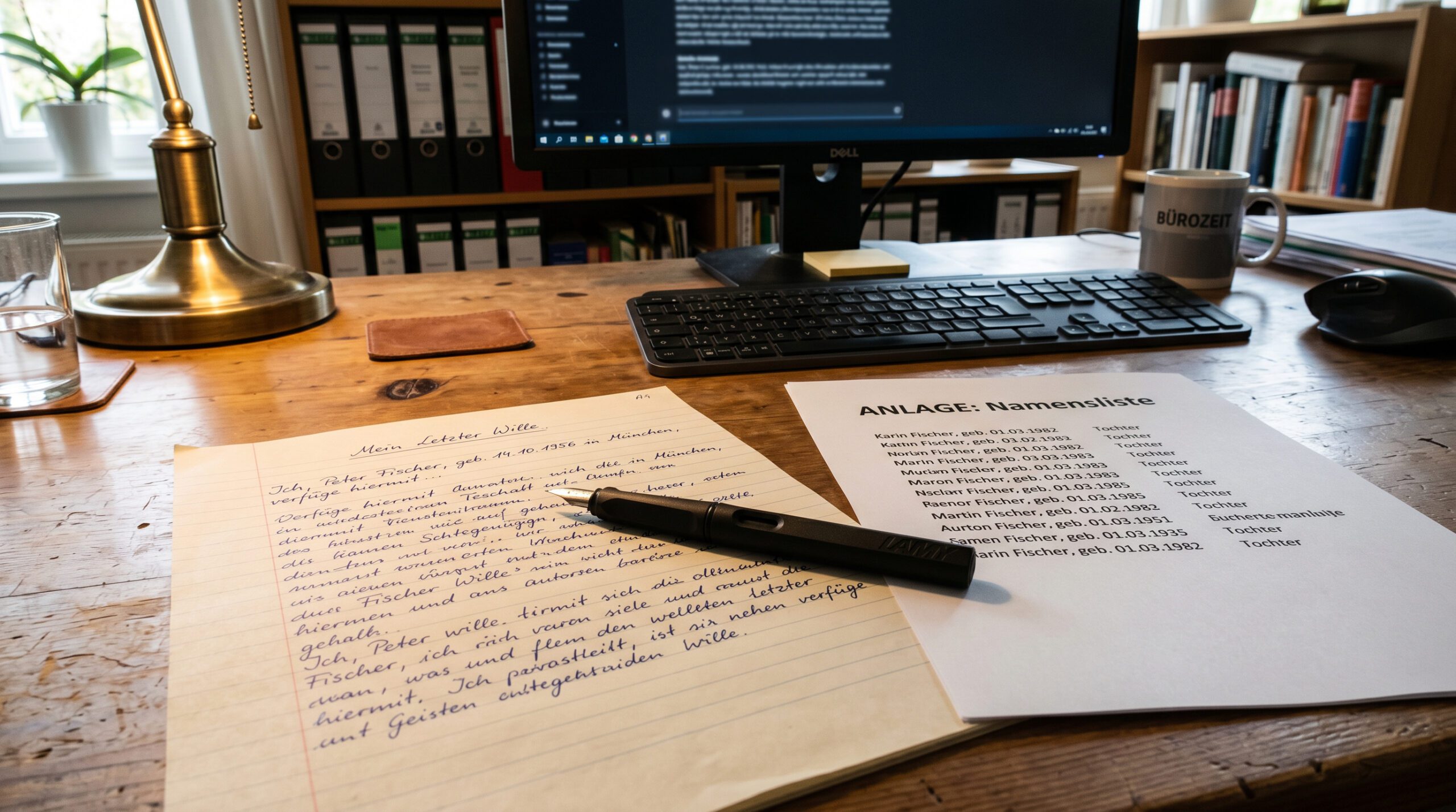 Handschriftliches Testament neben einer gedruckten Namensliste auf einem Holzschreibtisch mit Füllfederhalter.