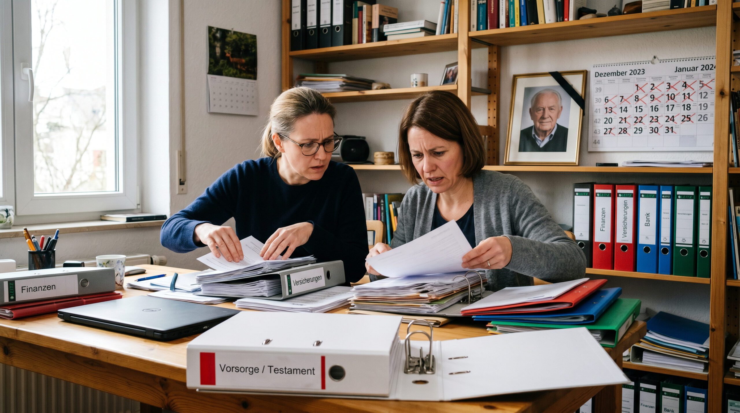 Zwei Frauen durchsuchen Dokumente am Schreibtisch; im Hintergrund ein Kalender und ein Trauerfoto mit schwarzem Flor.
