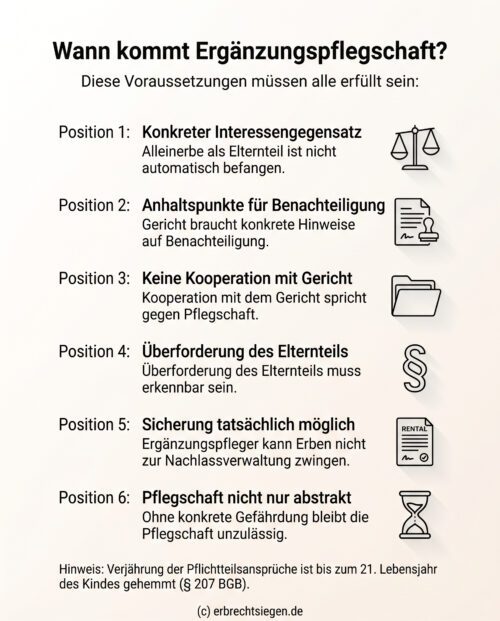 Infografik: Voraussetzungen für die Anordnung einer Ergänzungspflegschaft bei Pflichtteilsansprüchen minderjähriger Kinder.