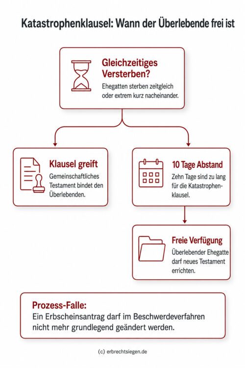 Infografik: Eine Katastrophenklausel für den Fall des gleichzeitigen Versterbens greift bei einem zeitlichen Abstand von 10 Tagen nicht, wodurch der überlebende Ehegatte seine volle Testierfreiheit behält.