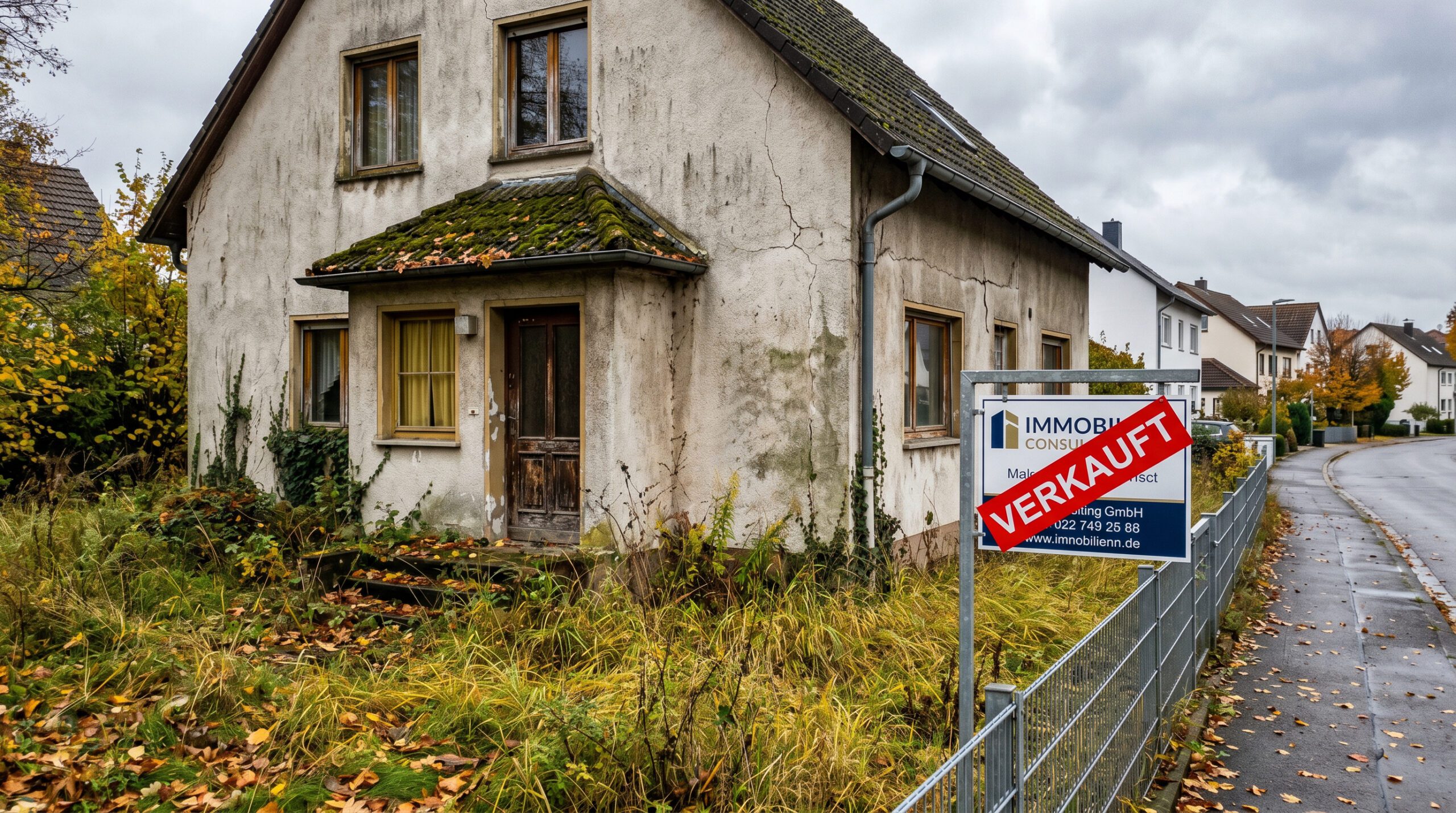 Sanierungsbedürftiges Haus in Deutschland mit „Verkauft“-Schild am Zaun und verwildertem Garten.