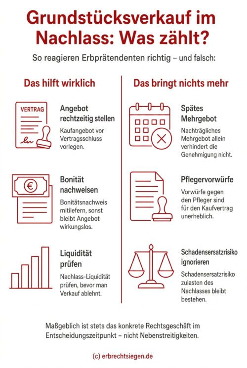 Infografik: Rechtliche Anforderungen an Erbprätendenten beim Grundstücksverkauf durch einen Nachlasspfleger – Warum ein nachträgliches Mehrgebot ohne Bonitätsnachweis die Genehmigung nicht verhindert.