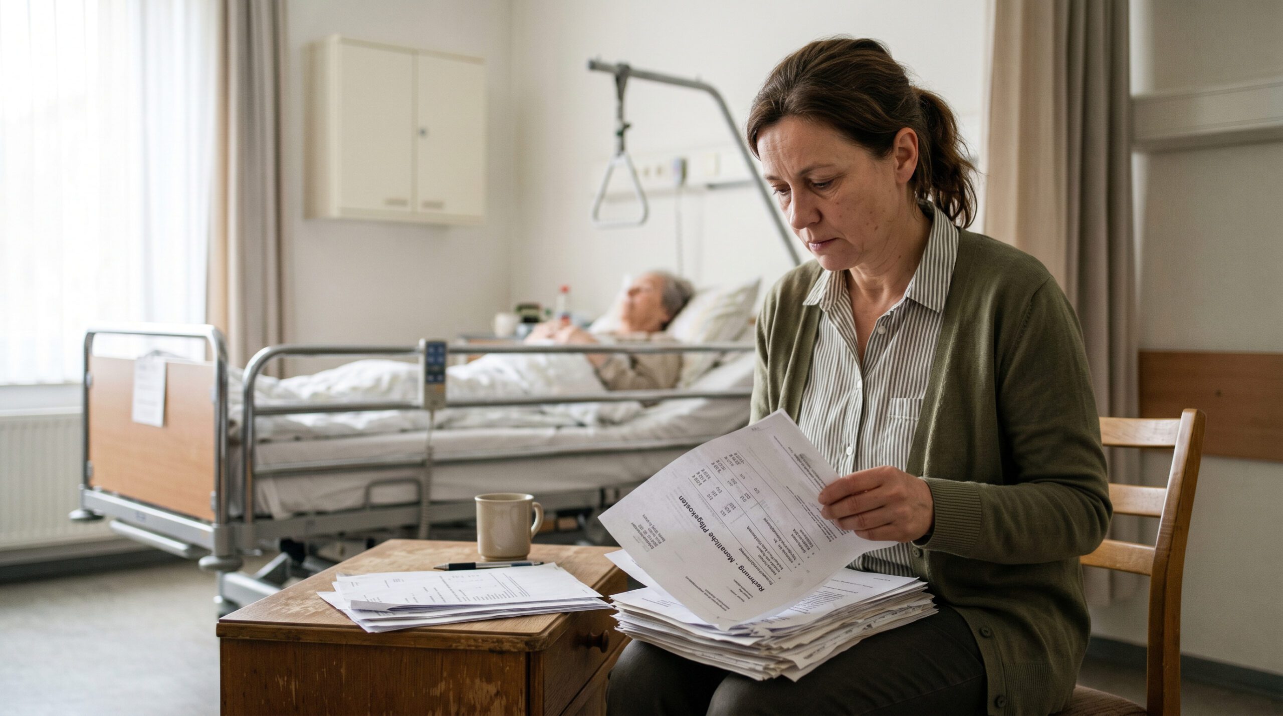 Eine Frau sichtet erschöpft Rechnungen in einem Pflegeheimzimmer, im Hintergrund steht ein Pflegebett.
