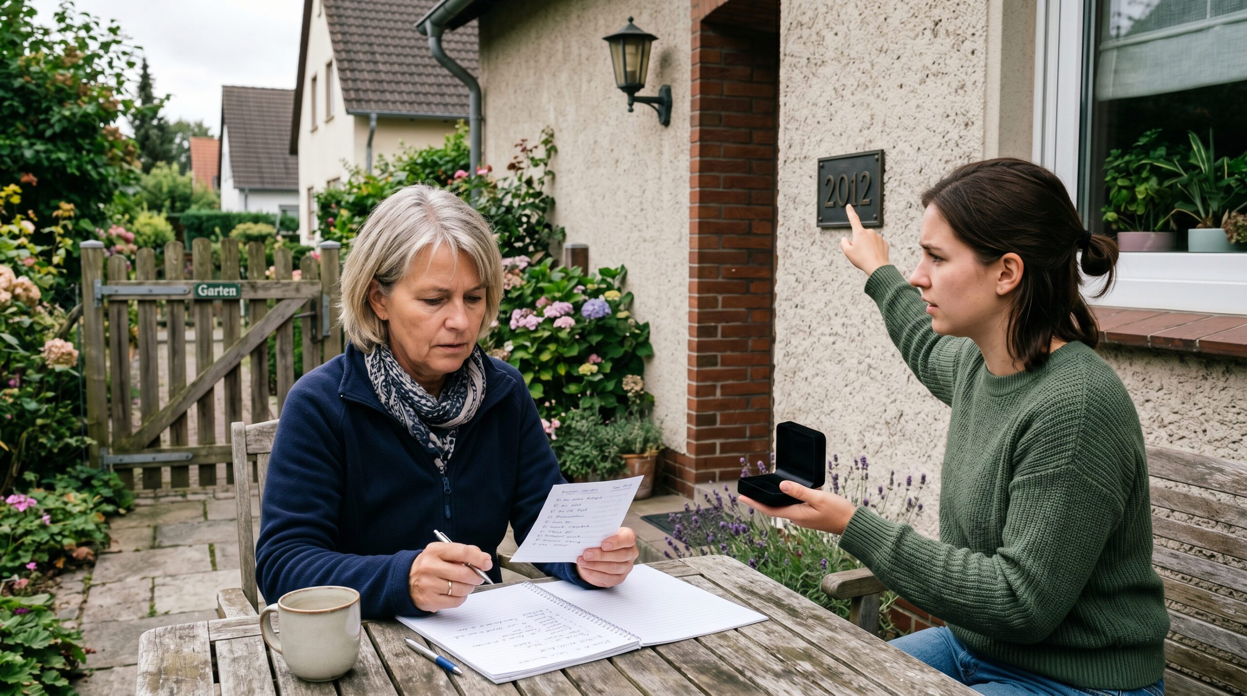 Frau mit Liste vor Wohnhaus, Enkelin zeigt auf Jahreszahl 2012 und hält ein leeres Schmuckkästchen in der Hand.
