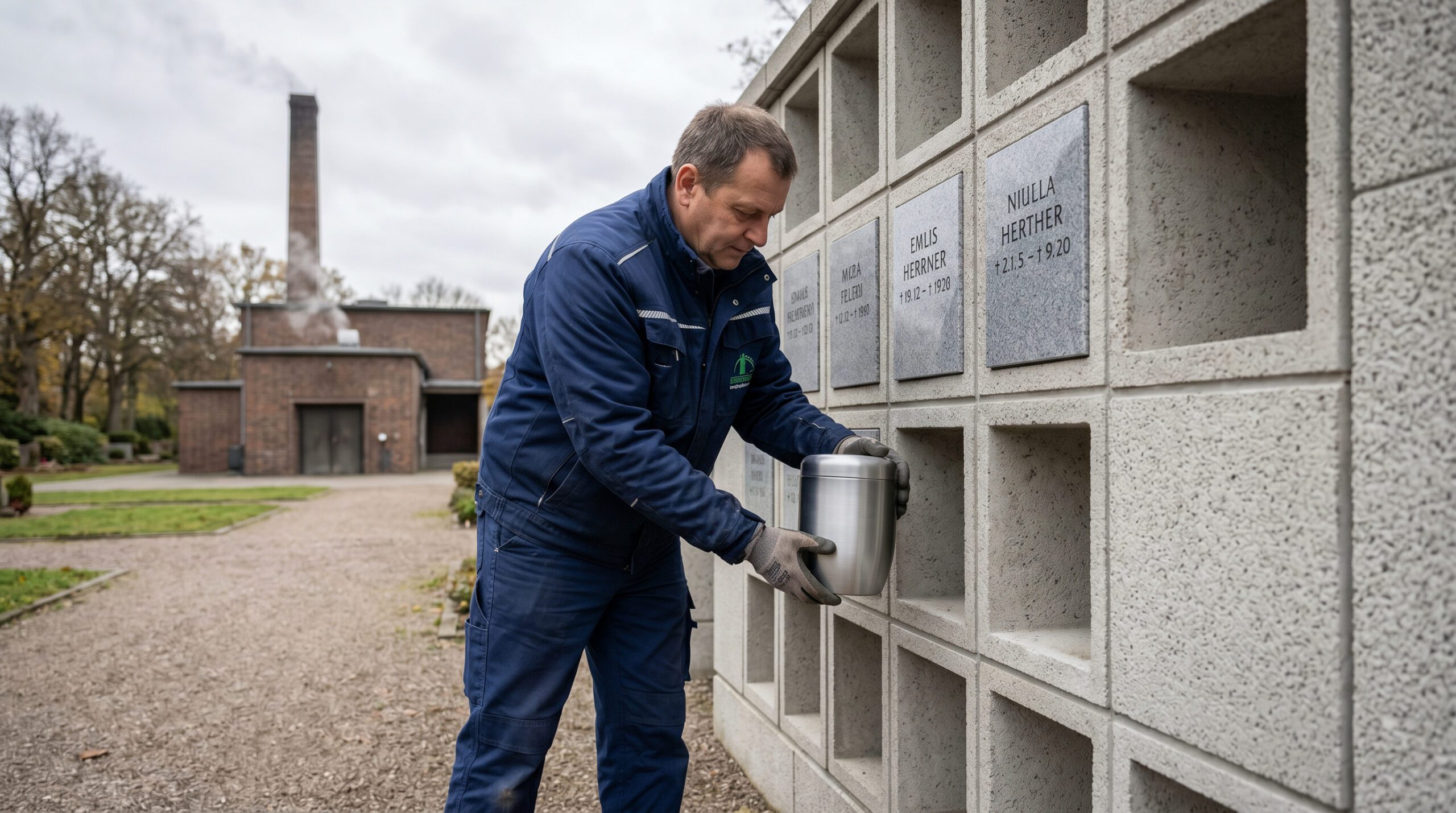 Friedhofsmitarbeiter setzt eine schlichte Metallurne in eine graue Urnenwand auf einem nüchternen Friedhof ein.