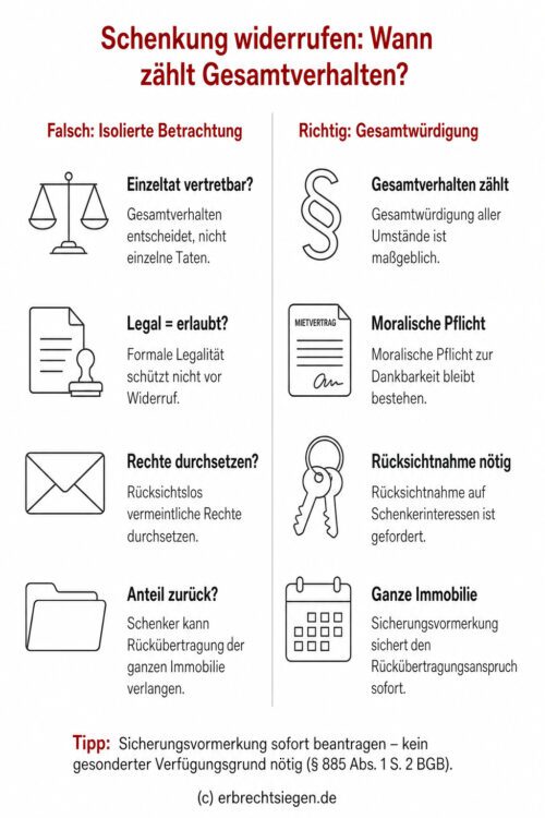 Infografik: Vergleich zwischen der isolierten rechtlichen Betrachtung von Einzeltaten und der juristisch maßgeblichen Gesamtwürdigung des Verhaltens beim Widerruf einer Schenkung wegen groben Undanks.