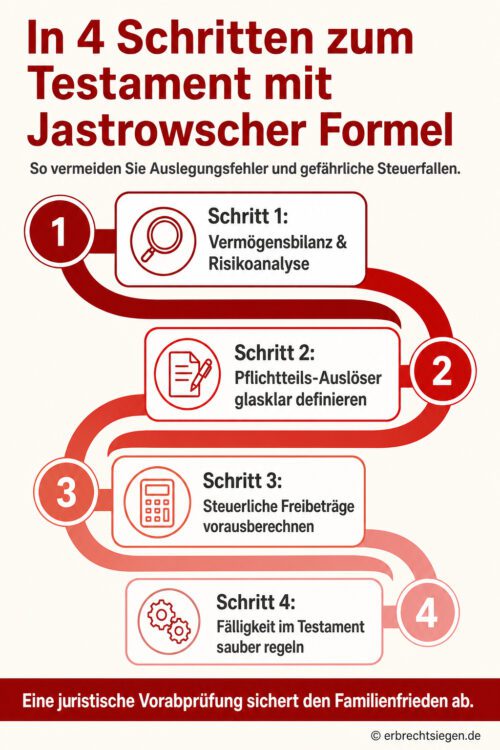 Infografik: Die vier Schritte zur rechtssicheren Erstellung eines Testaments mit Jastrowscher Formel.