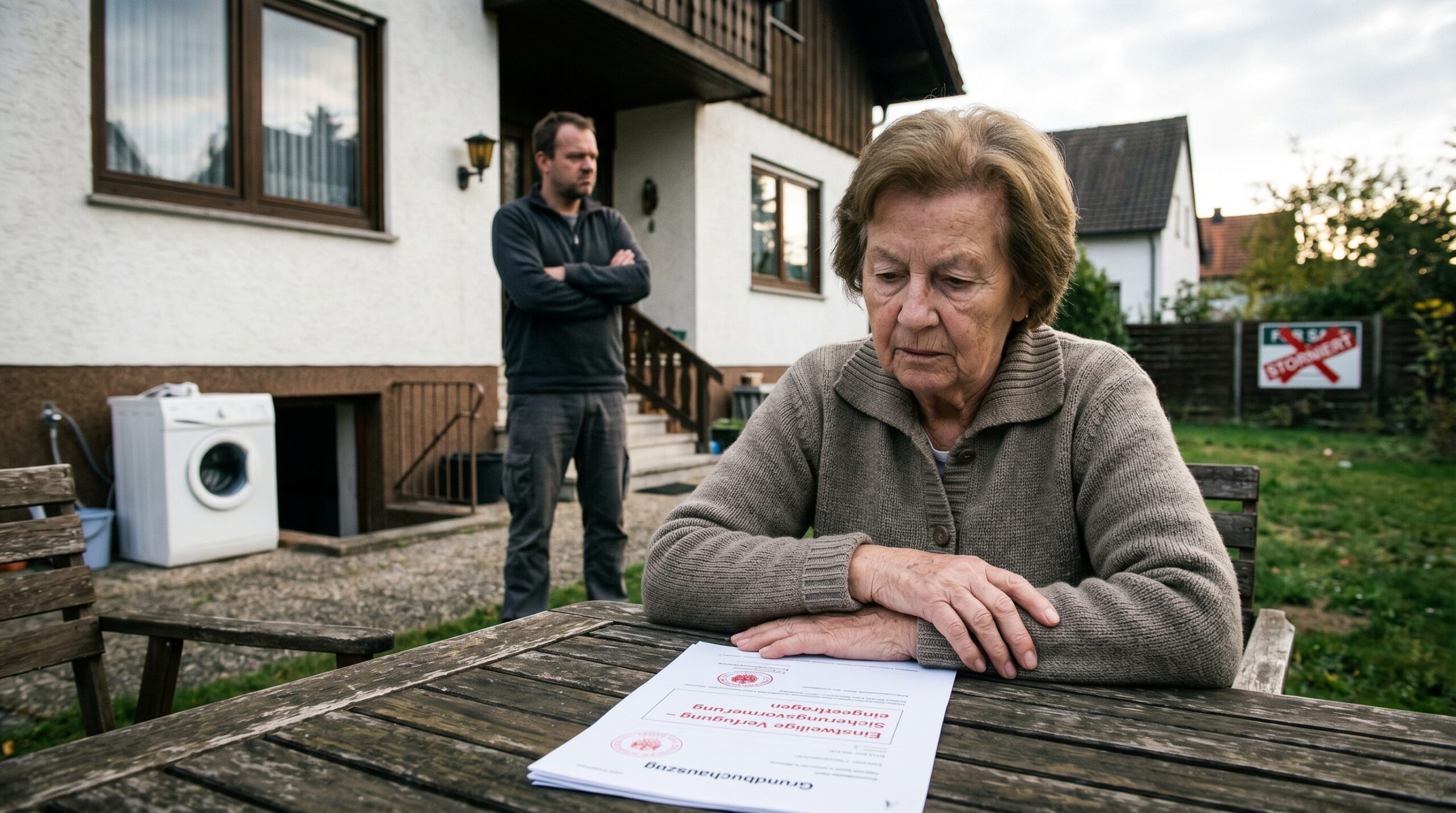 Aggressiver Mann streitet mit eingeschüchterter Seniorin in einer Hauseinfahrt neben einem Rasenmäher.