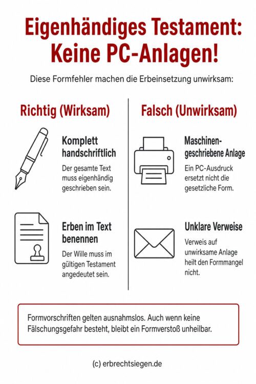 Infografik: Ein eigenhändiges Testament ist unwirksam, wenn die Erbeinsetzung in einer maschinengeschriebenen Anlage erfolgt; laut BGH müssen alle wesentlichen Teile handschriftlich verfasst sein.