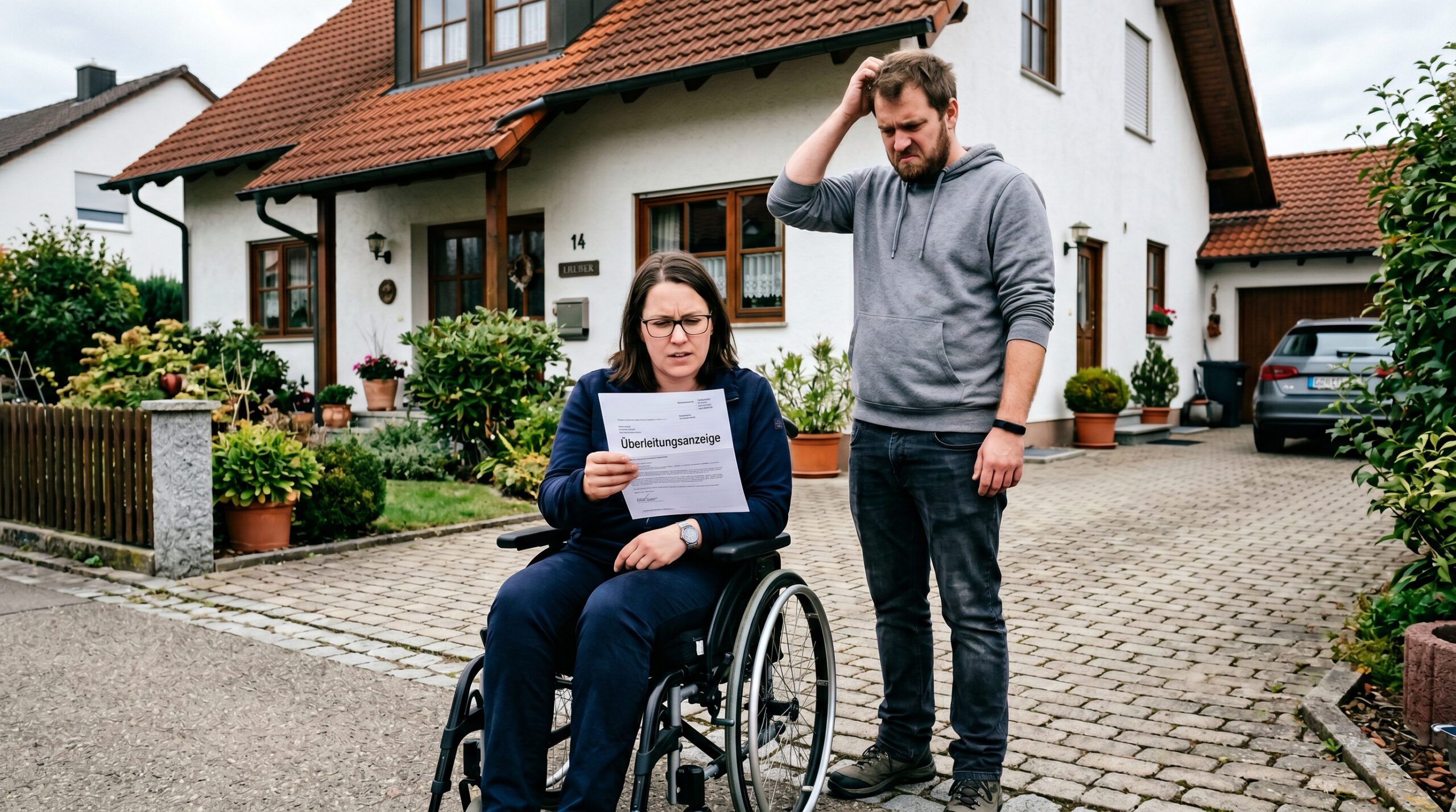 Frau im Rollstuhl und ihr Bruder vor einem Wohnhaus; sie hält einen Brief mit der Aufschrift Überleitungsanzeige.