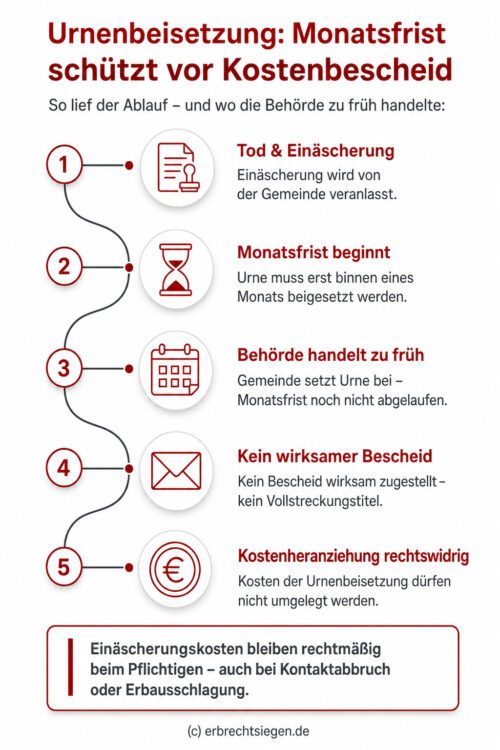 Infografik: Zeitstrahl zur Rechtswidrigkeit einer verfrühten Urnenbeisetzung durch die Behörde vor Ablauf der gesetzlichen Monatsfrist.