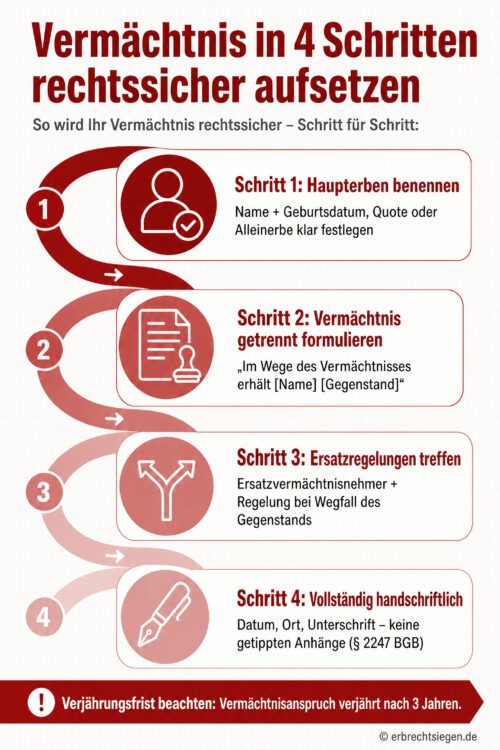 Infografik: 4 Schritte, um ein Vermächtnis im Testament rechtssicher und formgültig aufzusetzen.