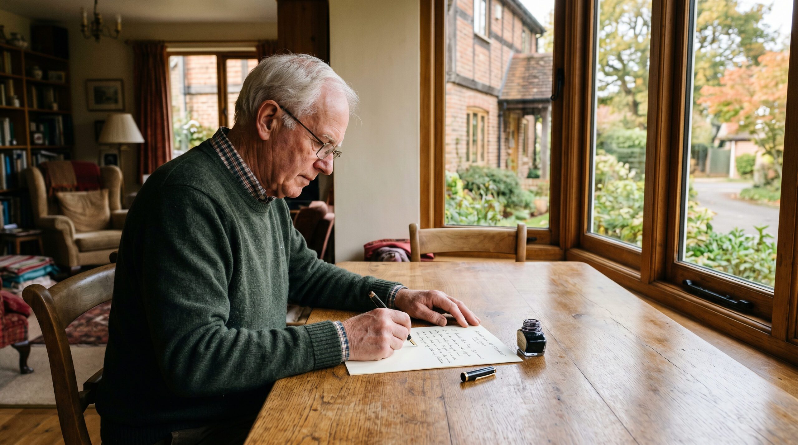 Ein älterer Mann schreibt an einem Holztisch handschriftlich ein Testament, im Hintergrund ist ein Haus im Garten zu sehen.