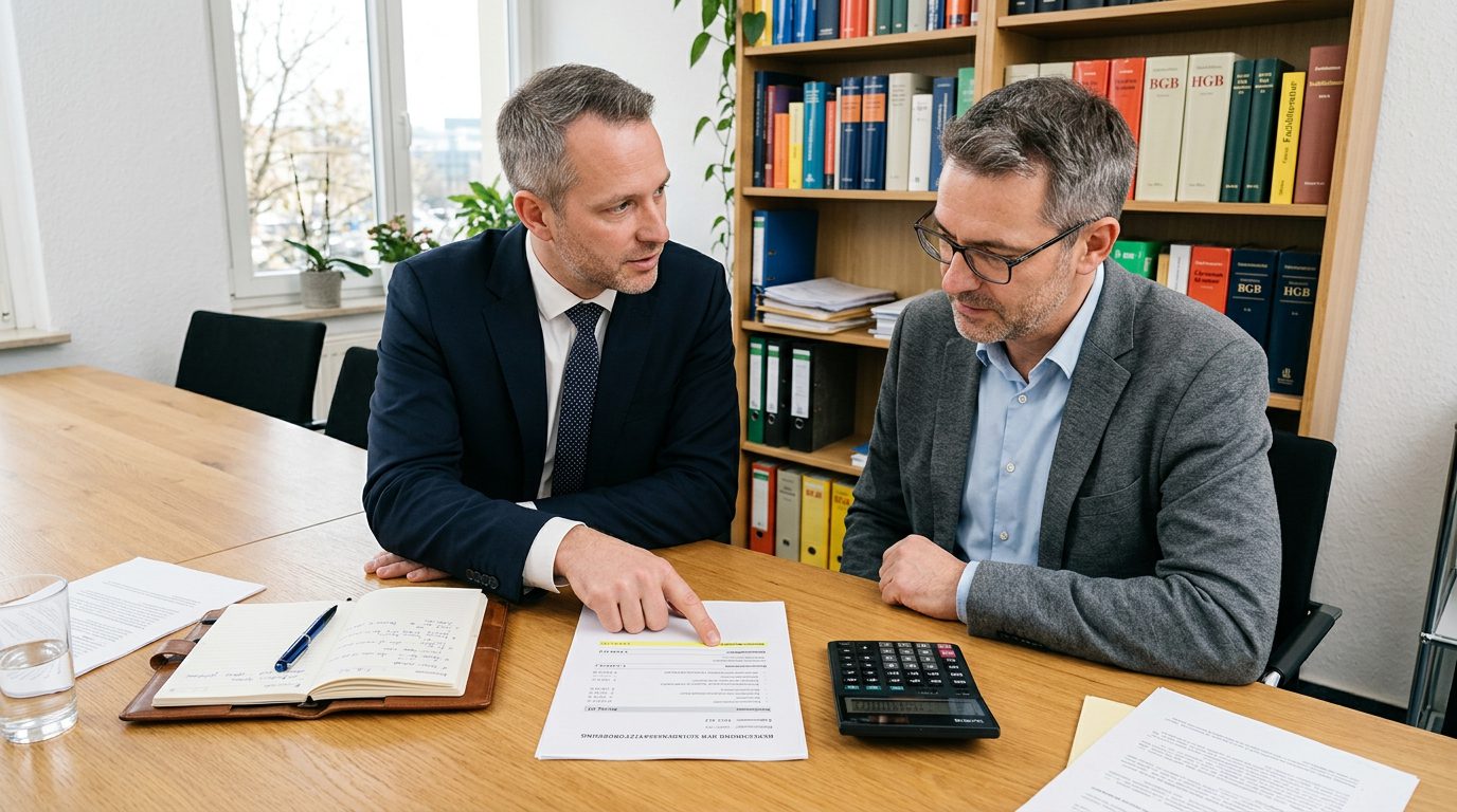 Ein Anwalt erklärt einem Mandanten am Besprechungstisch eine markierte Zeile auf einer Pflichtteilsberechnung.