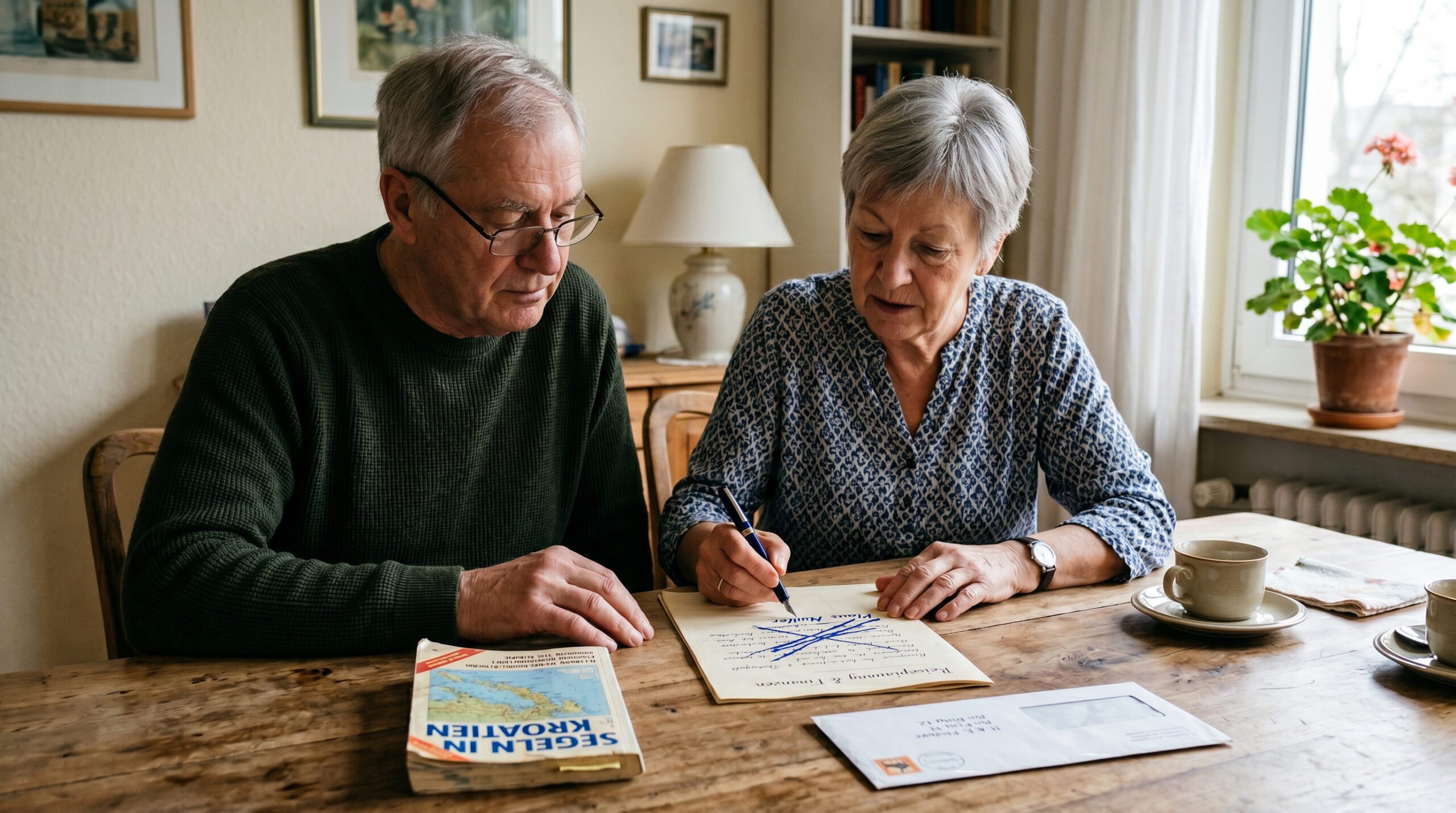 Ein älteres Paar schreibt an einem Esstisch ein Testament, wobei ein Name auf dem Papier deutlich durchgestrichen ist.