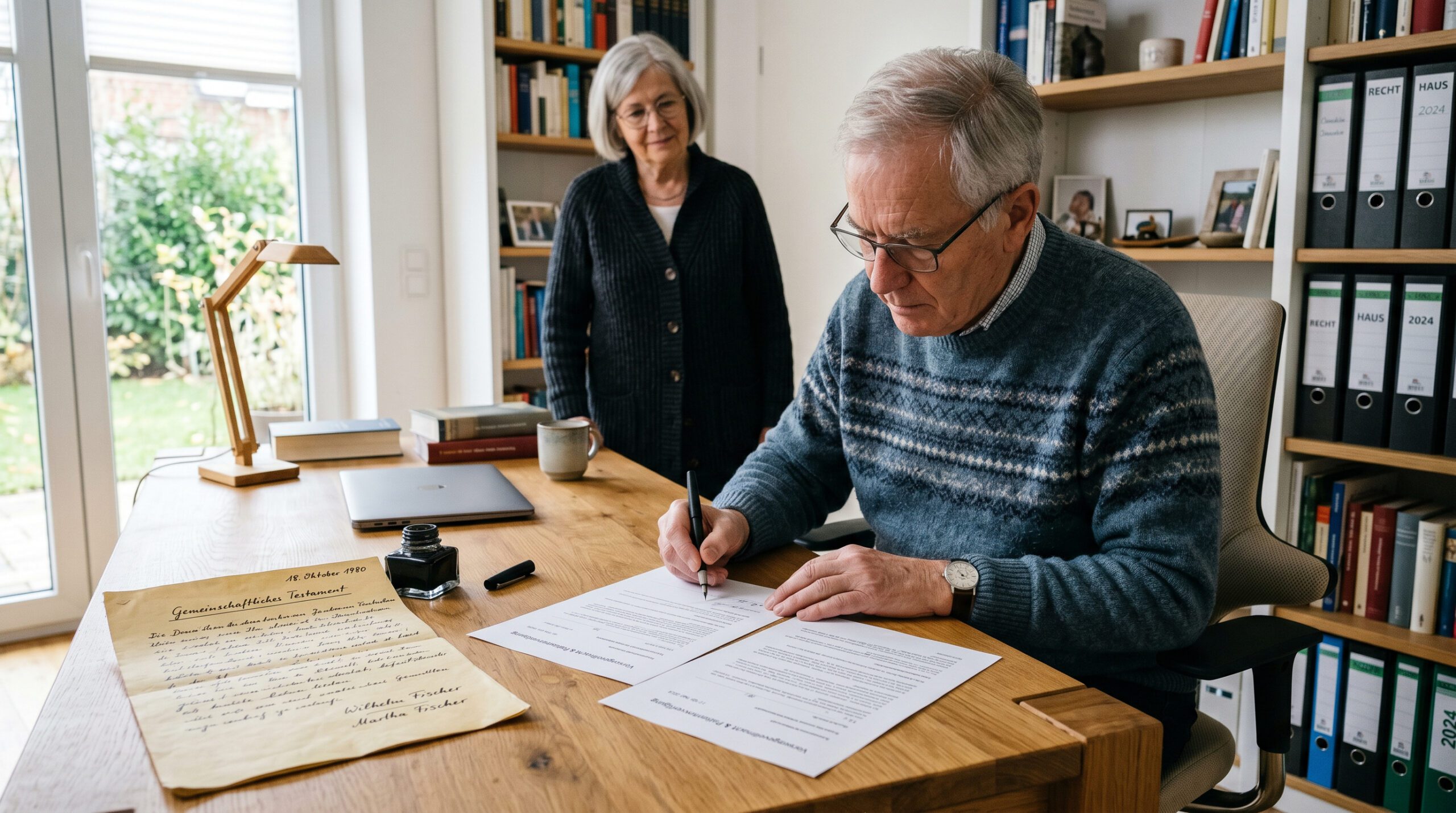 Ein Senior unterschreibt am Schreibtisch ein neues Testament, daneben liegt ein altes, vergilbtes Dokument von 1980.