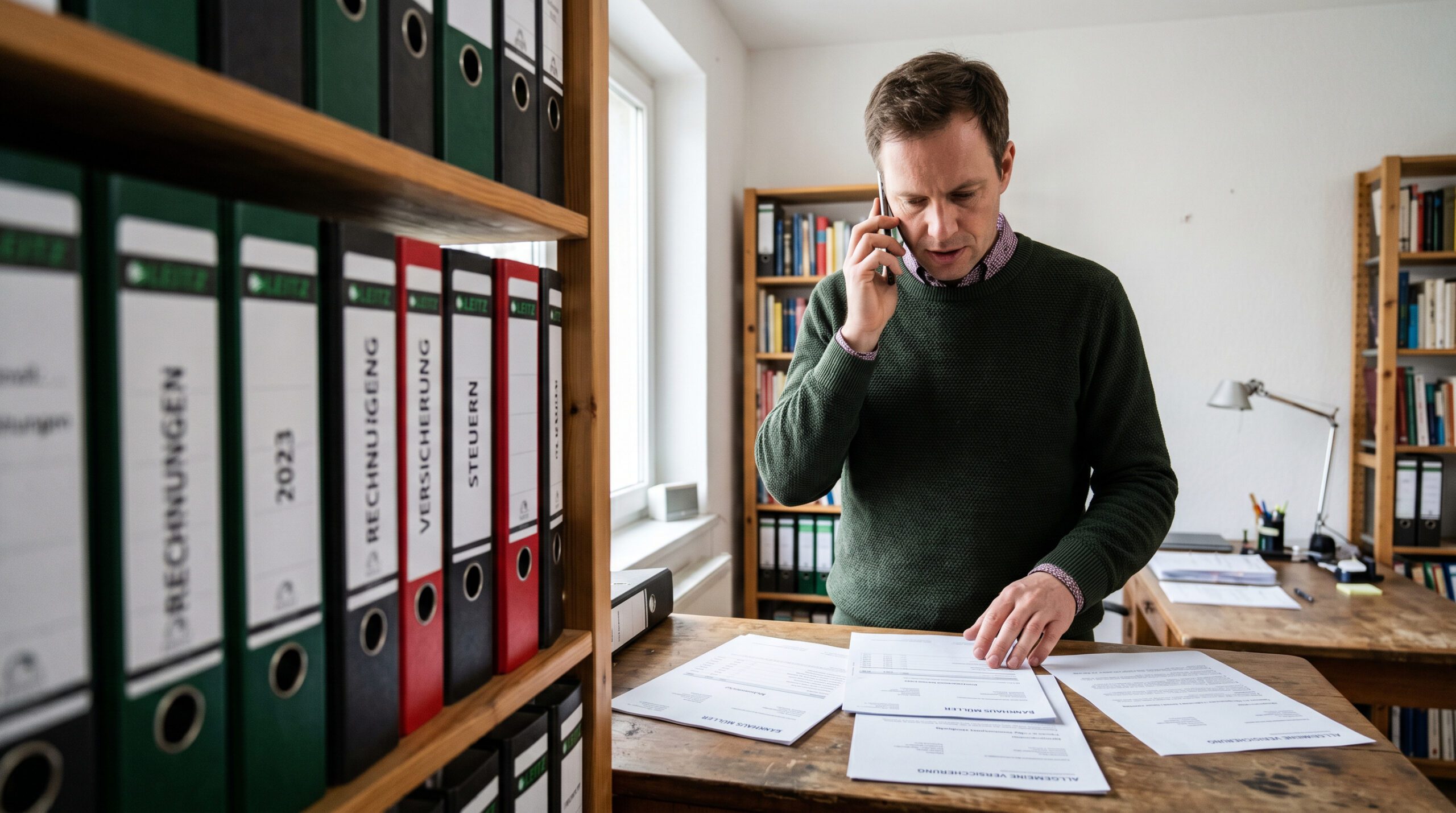 Ein Mann im Arbeitszimmer telefoniert konzentriert inmitten von Aktenordnern und Bankbelegen auf einem Schreibtisch.