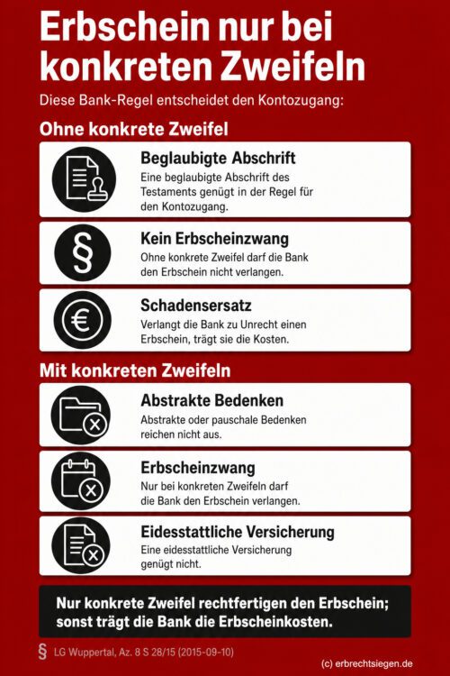 Infografik: Die Bank darf einen Erbschein nur bei konkreten Zweifeln an der Erbenstellung verlangen, andernfalls muss sie die Kosten für dessen Erstellung als Schadensersatz tragen.