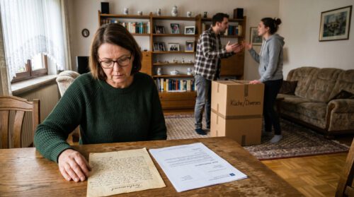 Frau am Tisch betrachtet ein Testament neben einem Schreiben zum Pflichtteilsanspruch, im Hintergrund streitende Geschwister.