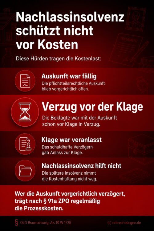 Infografik (Checkliste): Voraussetzungen der Kostenlast für Erben nach § 91a ZPO trotz Nachlassinsolvenz bei Auskunftsverzug.