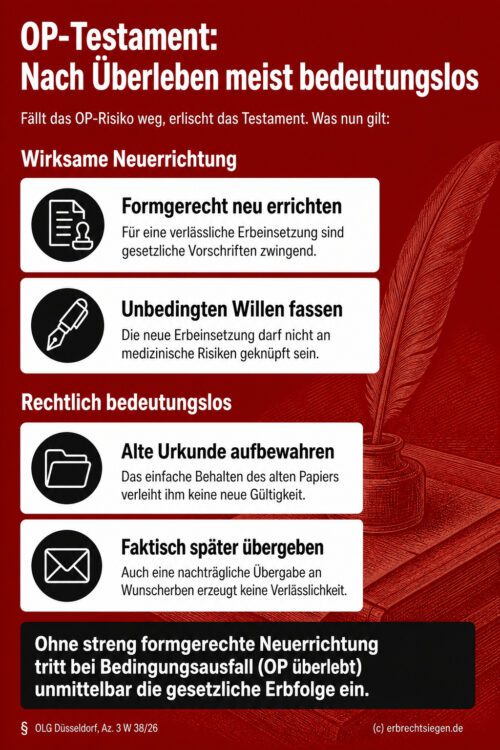 Infografik (Do's and Don'ts): Zeigt, dass ein OP-Testament nach Überleben neu formgerecht errichtet werden muss.