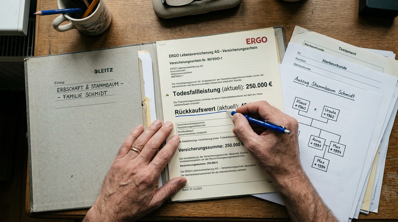 Versicherungsschein auf Schreibtisch, ein Stift unterstreicht das Wort Rückkaufswert neben der Todesfallleistung.