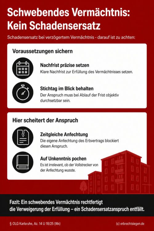 Infografik (Do's und Don'ts): Zeigt Voraussetzungen und Fallstricke beim Schadensersatz wegen verzögertem Vermächtnis.