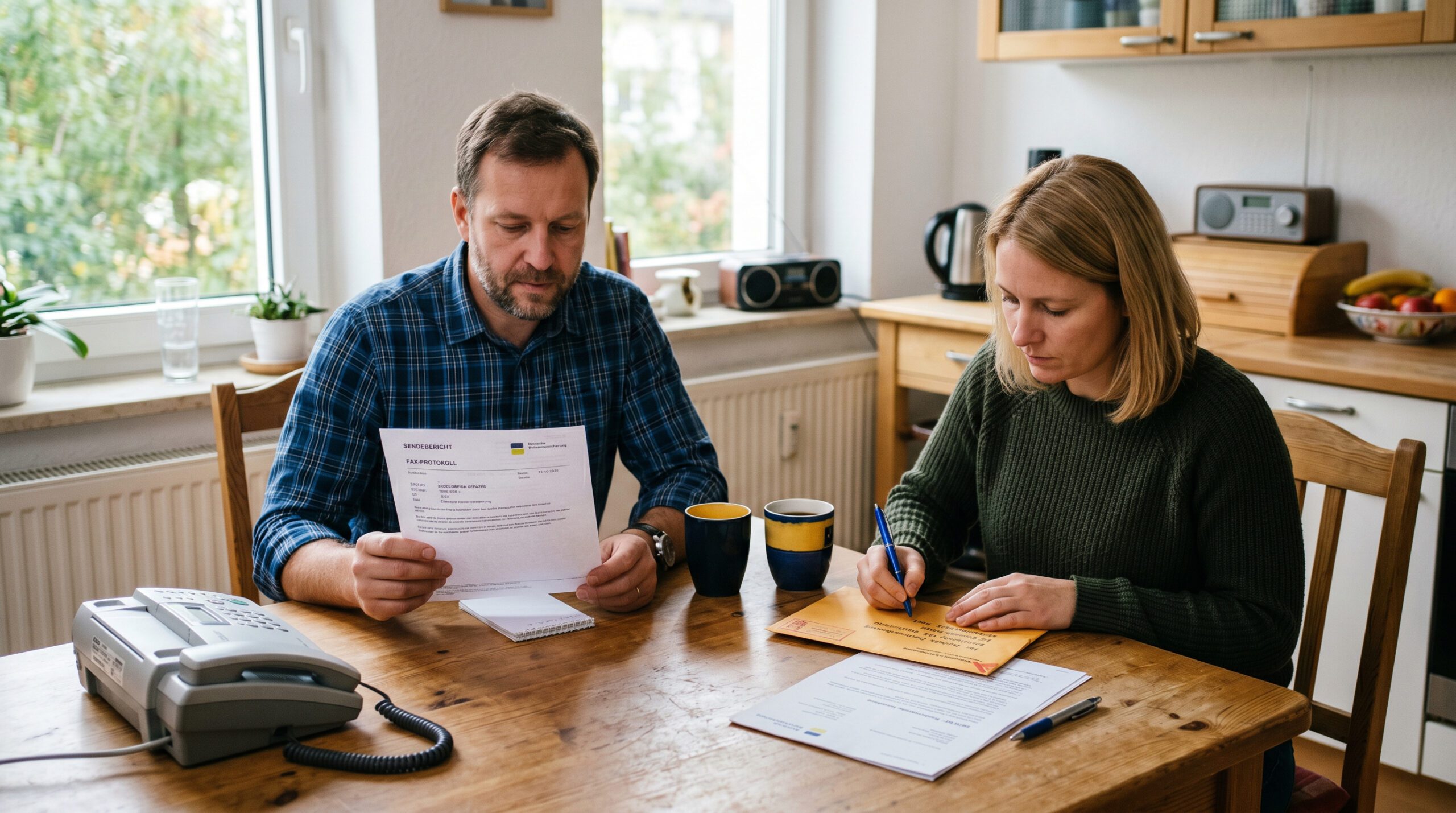 Ein Paar am Küchentisch bereitet Dokumente für ein Einschreiben und ein Fax an die Versicherung vor.