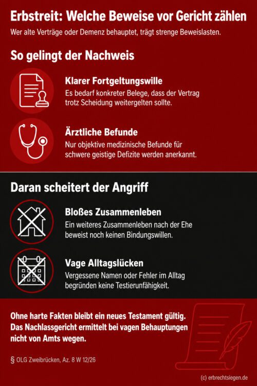Infografik (Do's und Don'ts): Beweise für Erbvertrag-Fortgeltung und Testierunfähigkeit – wirksam vs. unzureichend