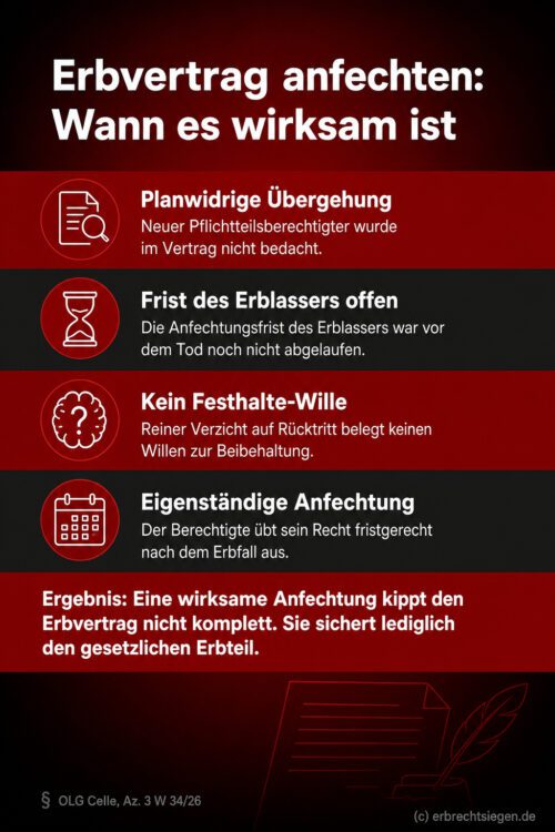 Infografik (Checkliste): 4 Voraussetzungen zur Erbvertragsanfechtung, Fazit: nur Teilunwirksamkeit statt Gesamtnichtigkeit