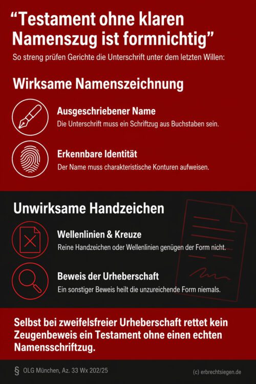 Infografik (Do's and Don'ts): Gültige vs. ungültige Testament-Unterschrift – Namenszug nötig, Wellenlinien formnichtig