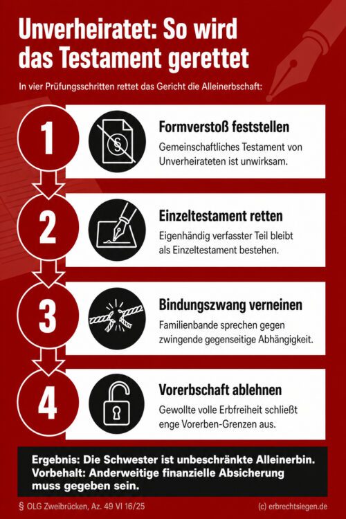 Infografik (Prozess): Vier Gerichtsschritte retten unwirksames Testament als Einzeltestament zur Alleinerbschaft